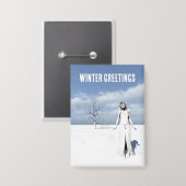 Wintergrüße. Weiblicher Elf, der im Schnee läuft Button (Vorderseite/Rückseite)