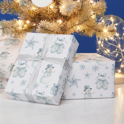 Winterhandschuhe & Schneemann Blaues Weihnachtsges Geschenkpapier (Feiertage)