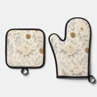 Winterhauch Floral & Pinienzapfen Ofenhandschuh & Topflappen-Set