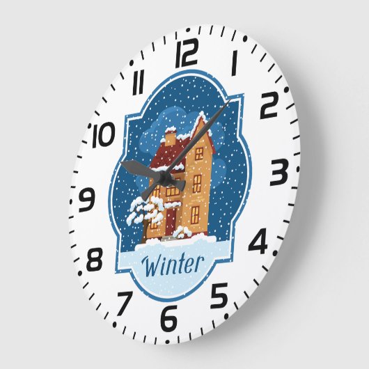 Winterhaus im Schnee Große Wanduhr (Winkel)