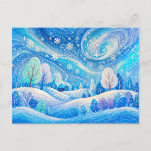 Winterhaus in wirbelndem Schneefall Illustration Postkarte