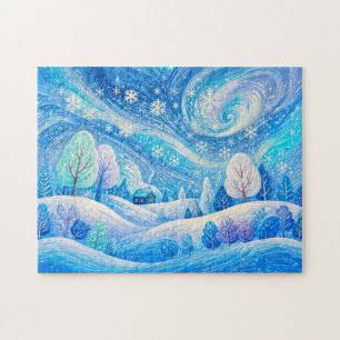 Winterhaus in wirbelndem Schneefall Illustration Puzzle