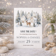 Winterhirsch im Dorf Aquarell-Baby-Shower