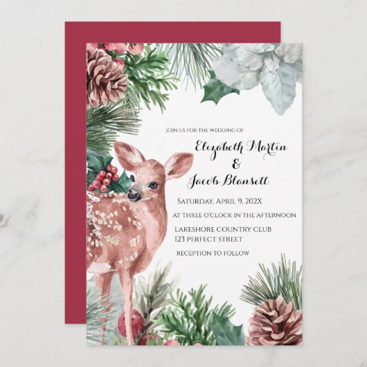 Winterhirsch, Pinecones und Holly Wedding Einladung (Vorne/Hinten)