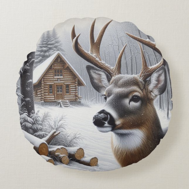 Winterhirsche/Buckkunst Rundes Kissen (Vorderseite)
