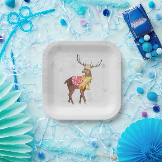 Winterhirsche in Schneeflocken Pappteller (Party)
