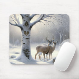 Winterhirsche mit Birkenbaumherz Mousepad