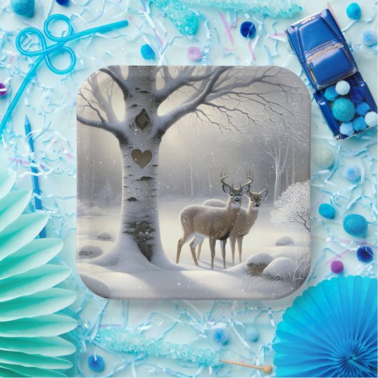 Winterhirsche mit Herz auf Birkenbaum Pappteller (Party)