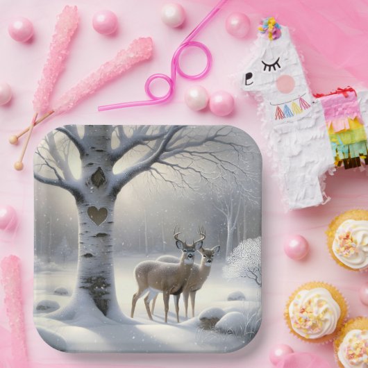 Winterhirsche mit Herz auf Birkenbaum Pappteller (Party)
