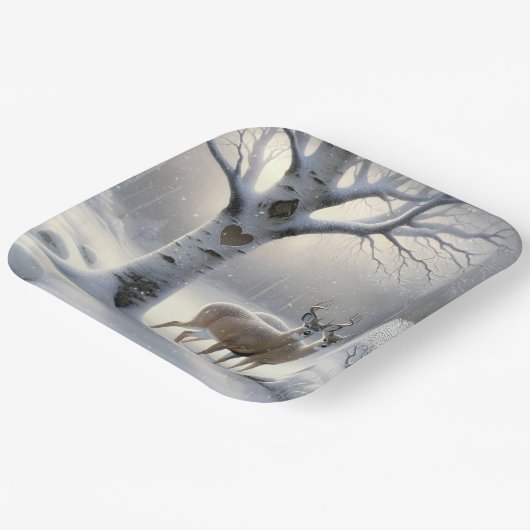 Winterhirsche mit Herz auf Birkenbaum Pappteller (Gewinkelt)