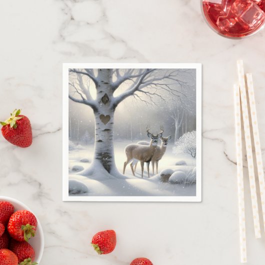 Winterhirsche mit Herz auf Birkenbaum Serviette (Beispiel)