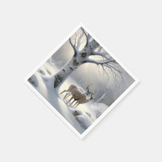 Winterhirsche mit Herz auf Birkenbaum Serviette (Ecke)