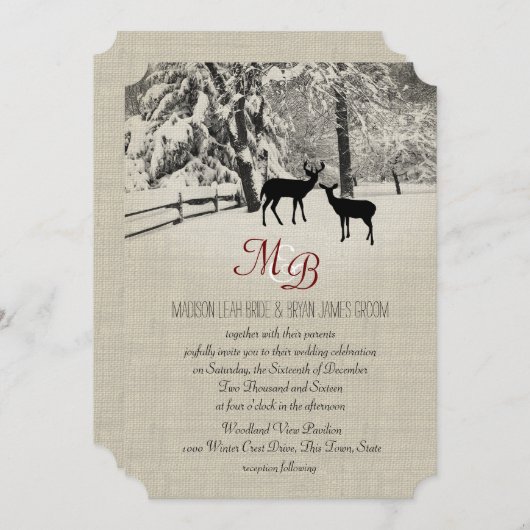 Winterhirsche mit Monogramm Einladung (Vorne/Hinten)