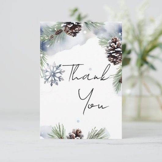 Winterhochzeit Aquarellkiefern Dankeskarte (Stehend Vorderseite)