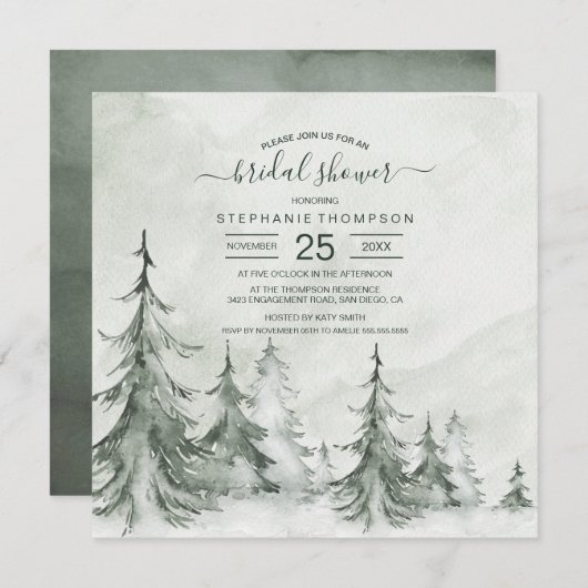 Winterhochzeit der Aquarellbäume Einladung (Vorne/Hinten)