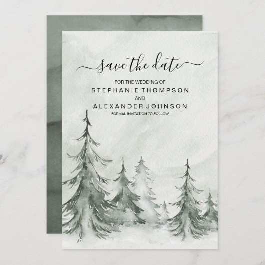 Winterhochzeit der Aquarellbäume Save The Date (Vorne/Hinten)