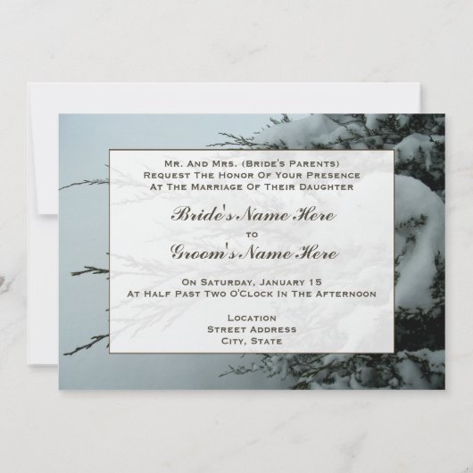 Winterhochzeit Evergreen Baum mit Schnee Einladung (Rückseite)