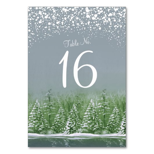 Winterhochzeit, graue Pinienbäume Tischnummern (Vorderseite)
