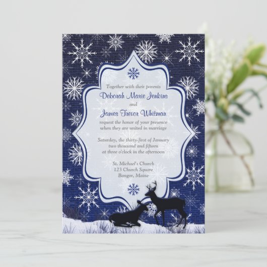 Winterhochzeit | IMITATE Burlap, Schneeflocken, Hi Einladung (Stehend Vorderseite)
