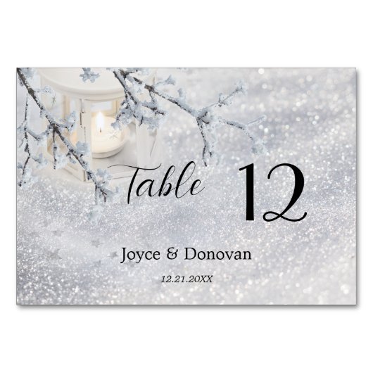 Winterhochzeit in glühender Snow Lantern Tischnummer (Vorderseite)