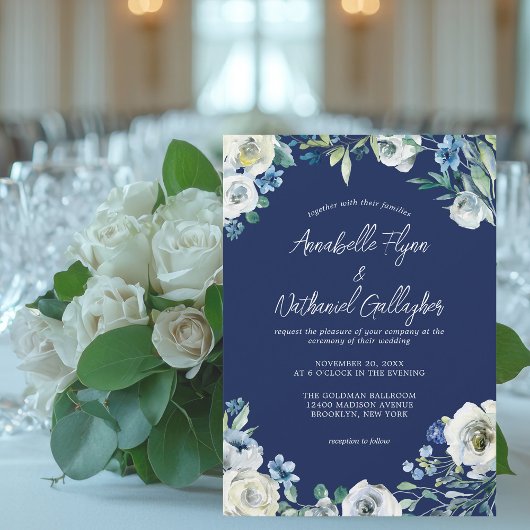 Winterhochzeit in Navy Blue White Floral Handschri Einladung