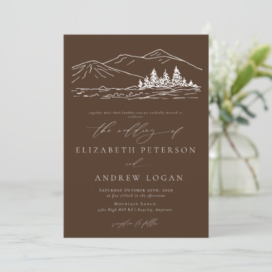 Winterhochzeit | Kiefernwald Rustikale Berge Einladung (Stehend Vorderseite)