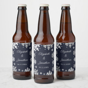 Winterhochzeit mit blauen Schneeflocken Bierflaschenetikett