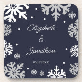 Winterhochzeit mit blauen Schneeflocken Getränkeuntersetzer (Vorderseite)