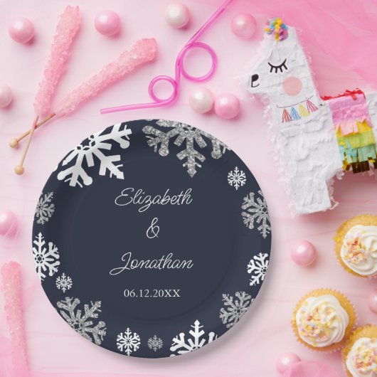 Winterhochzeit mit blauen Schneeflocken Pappteller (Party)