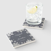 Winterhochzeit mit blauen Schneeflocken Steinuntersetzer (Seitenansicht)