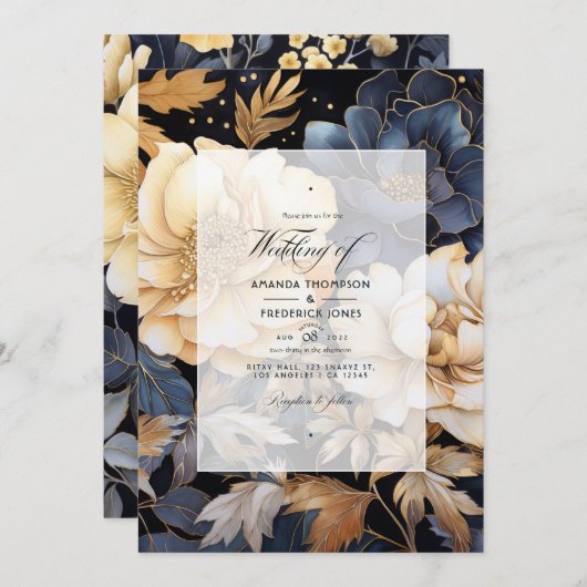 Winterhochzeit mit Gold, Schwarz und Weiß Einladung (Vorne/Hinten)