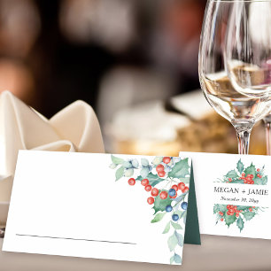 Winterhochzeit mit Stechpalme und Beeren Platzkarte