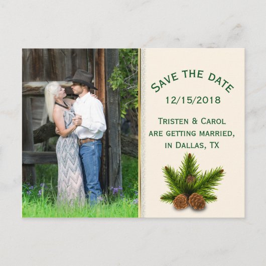 Winterhochzeit Pine Cones Save the Date Postkarte (Vorderseite)