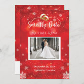 Winterhochzeit Save the Date mit Red Snowflake Einladung (Vorne/Hinten)