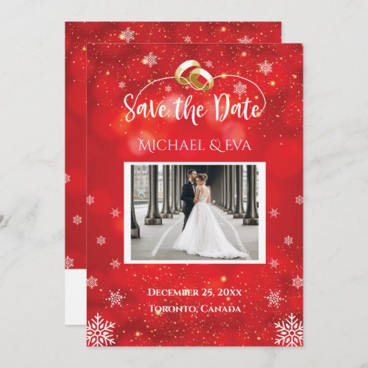 Winterhochzeit Save the Date mit Red Snowflake Einladung (Vorne/Hinten)