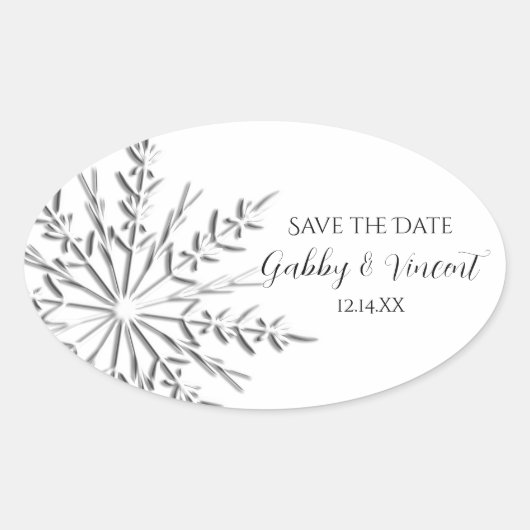 Winterhochzeit Save the Date mit Snowflake Ovaler Aufkleber (Vorderseite)