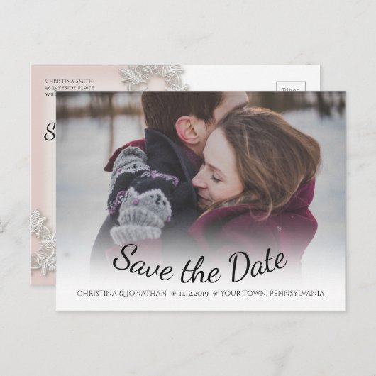 Winterhochzeit - Schneeflocken Save the Date Postk Ankündigungspostkarte (Vorne/Hinten)