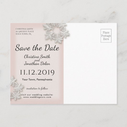 Winterhochzeit - Schneeflocken Save the Date Postk Ankündigungspostkarte (Rückseite)