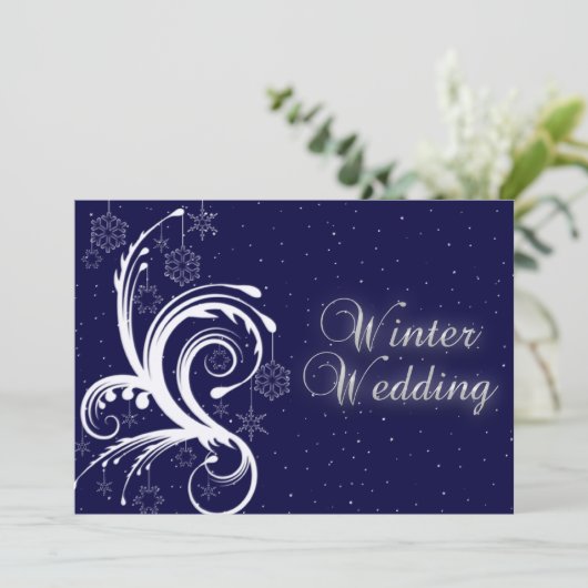 Winterhochzeit, Schneeflocken und Sterne Einladung (Stehend Vorderseite)