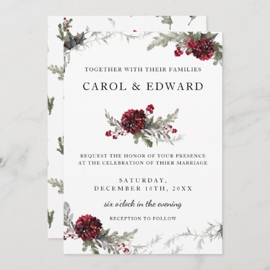 Winterhochzeit Vintager Blumenweihstil Einladung (Vorne/Hinten)