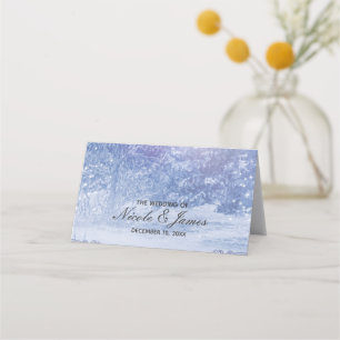 Winterhochzeit Wald Tannen Lichter Schneeflocken Platzkarte