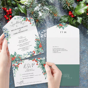 Winterhochzeit Wasserfarbe Stechpalme und Beeren All In One Einladung