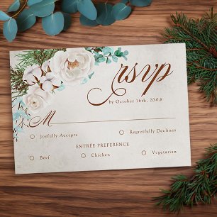 Winterhochzeit Weiße Rose RSVP mit Essensoptionen Karte