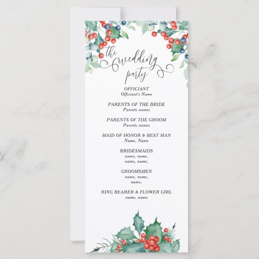 Winterhochzeitprogramm mit elegantem Text und Holl (Rückseite)