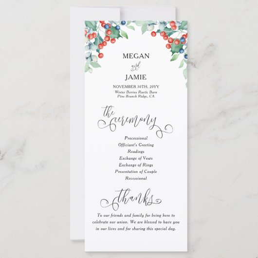 Winterhochzeitprogramm mit elegantem Text und Holl (Vorderseite)