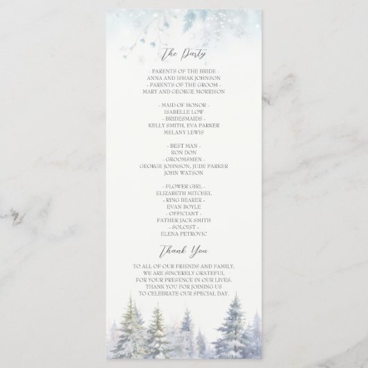 Winterhochzeitsprogramm mit Kiefern Programm (Rückseite)