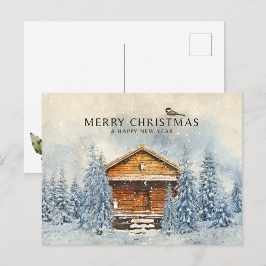 Winterholzhaus und Pine Feiertagspostkarte (Vorne/Hinten)