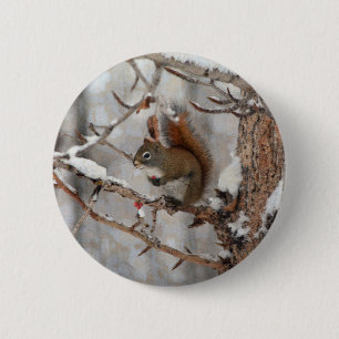 Winterhörnchen, Schnee & Rote Berries Xmas Design Button