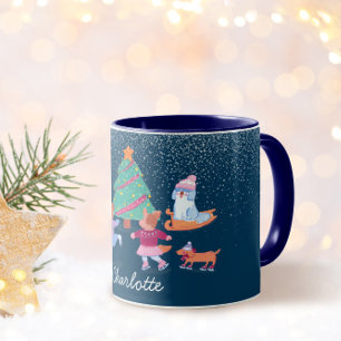Winterhunde Eis Skaten Dunkelblauer Weihnachtsname Tasse