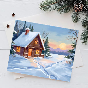 Winterhütte Berg Schnee Aquarell Feiertagskarte